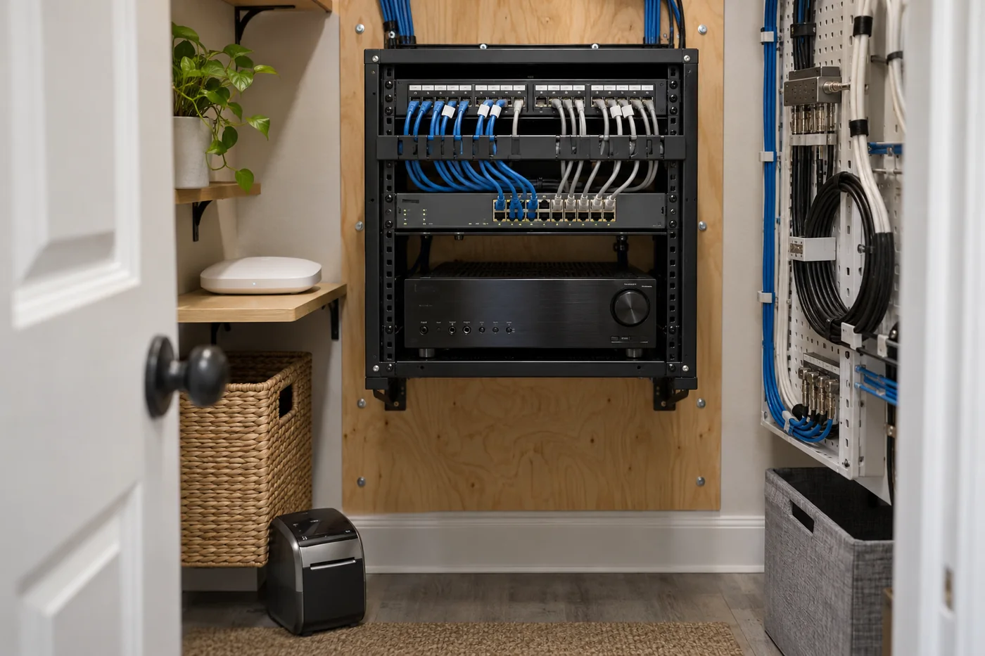 Small wall-mounted AV rack with a network switch, labeled patch cables and an access point