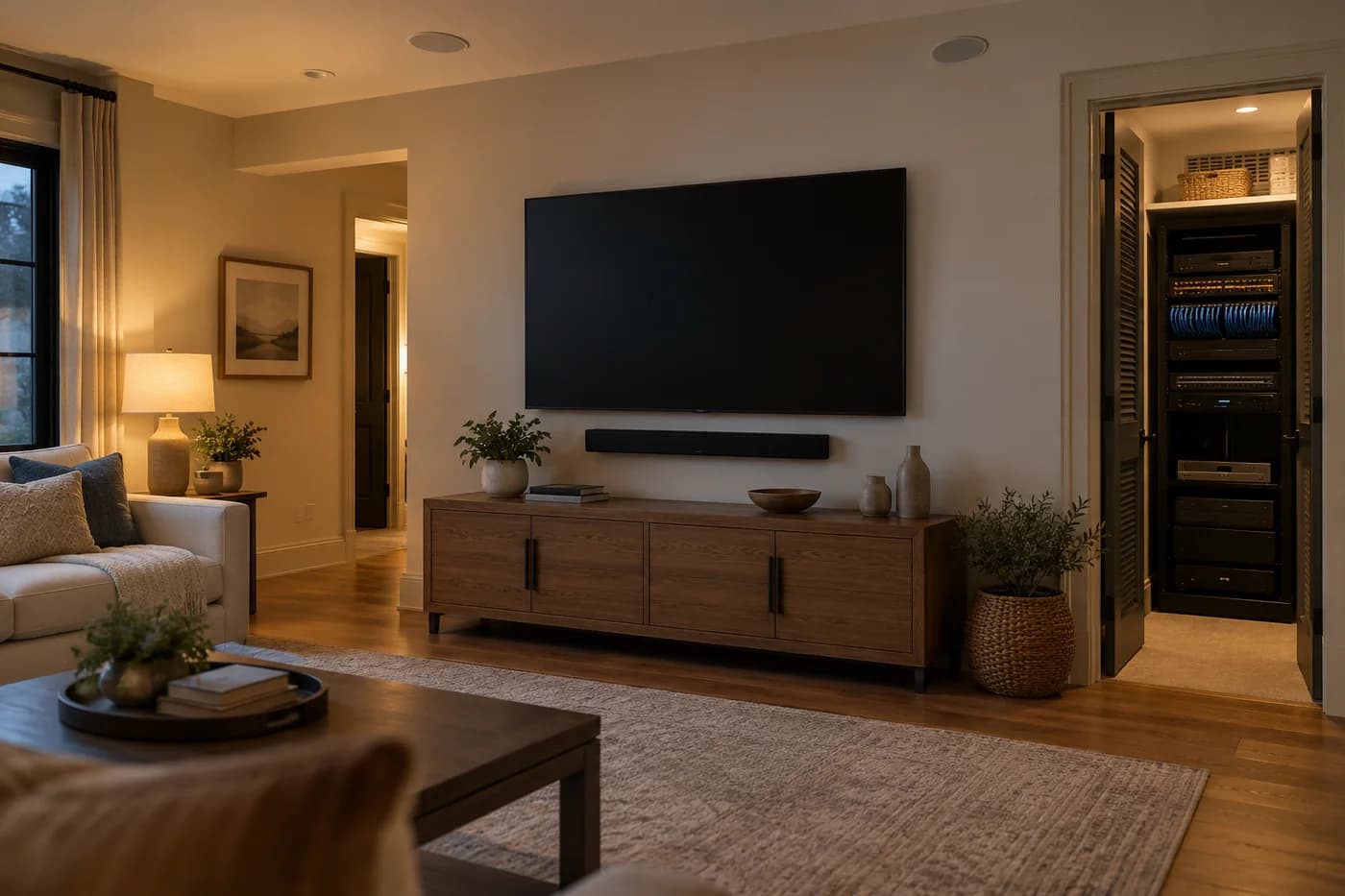 Illustrative AI-generated scene: a wall-mounted television above a media console with a tidy equipment rack and in-ceiling speakers