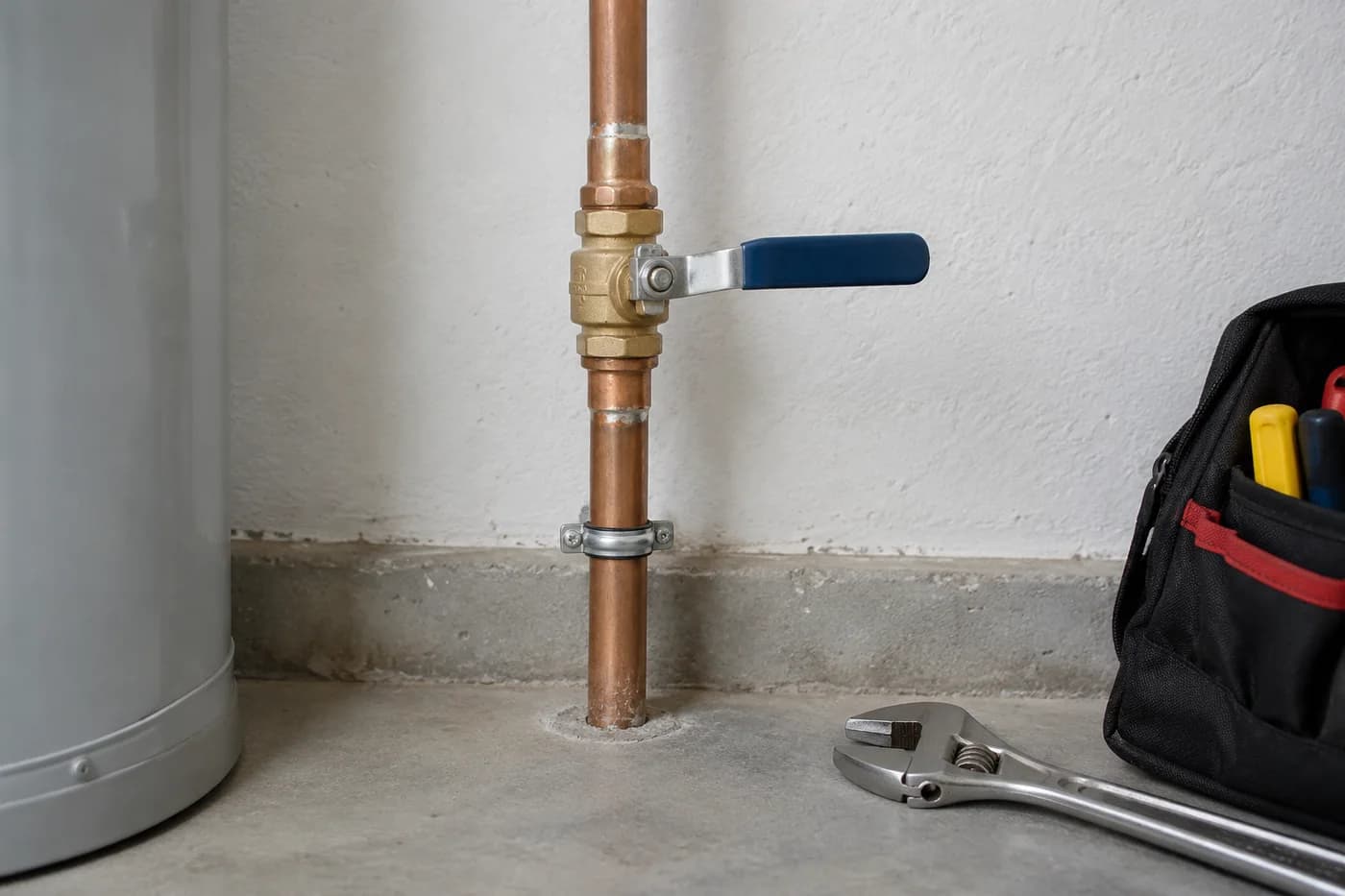 A brass water shutoff on a copper supply pipe in a utility room, with plumbing tools nearby