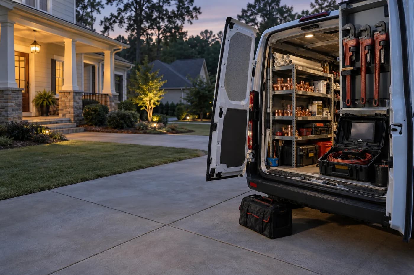 Illustrative AI-generated scene: a plumbing service van and organized tools beside a home at dusk