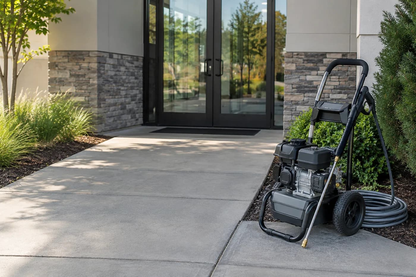 Commercial walkway and building facade illustrating a separate exterior-cleaning surface and use case