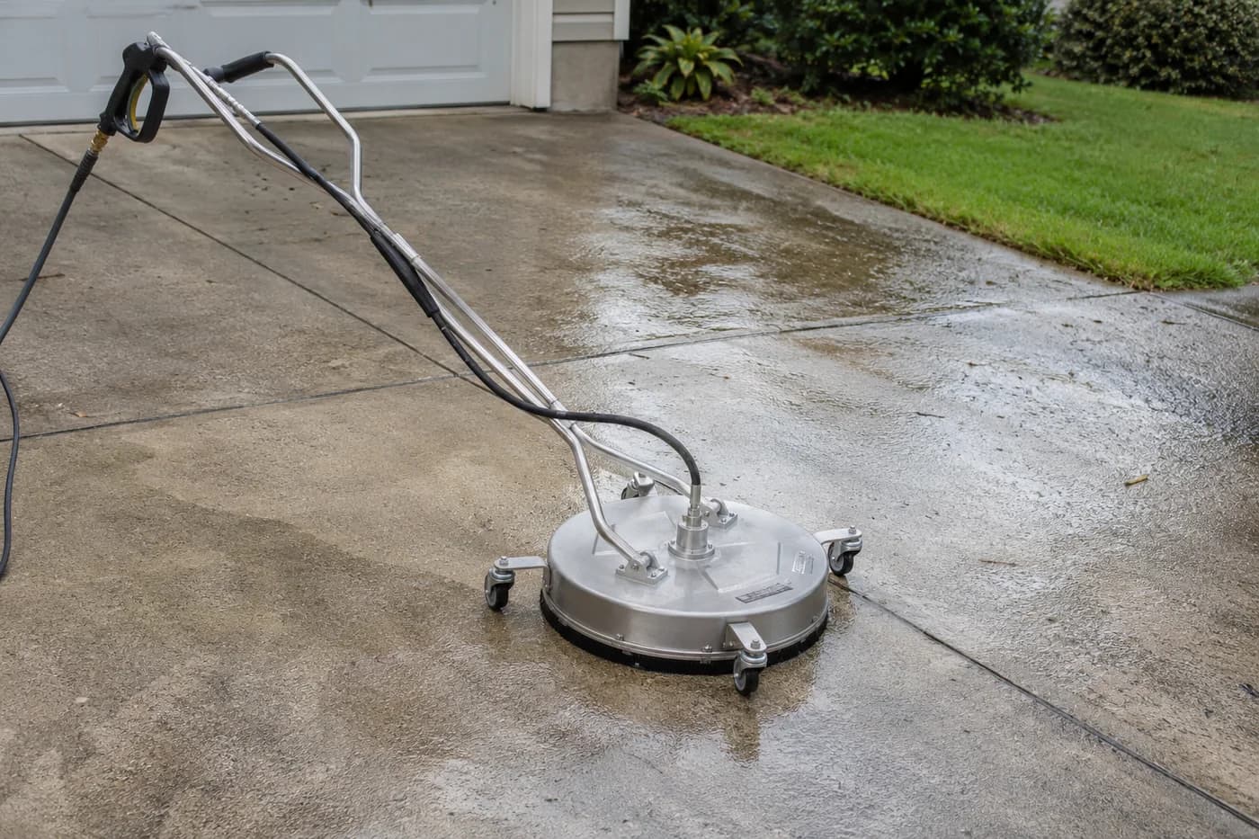 Exterior-cleaning equipment staged beside a concrete hard surface for area and method assessment