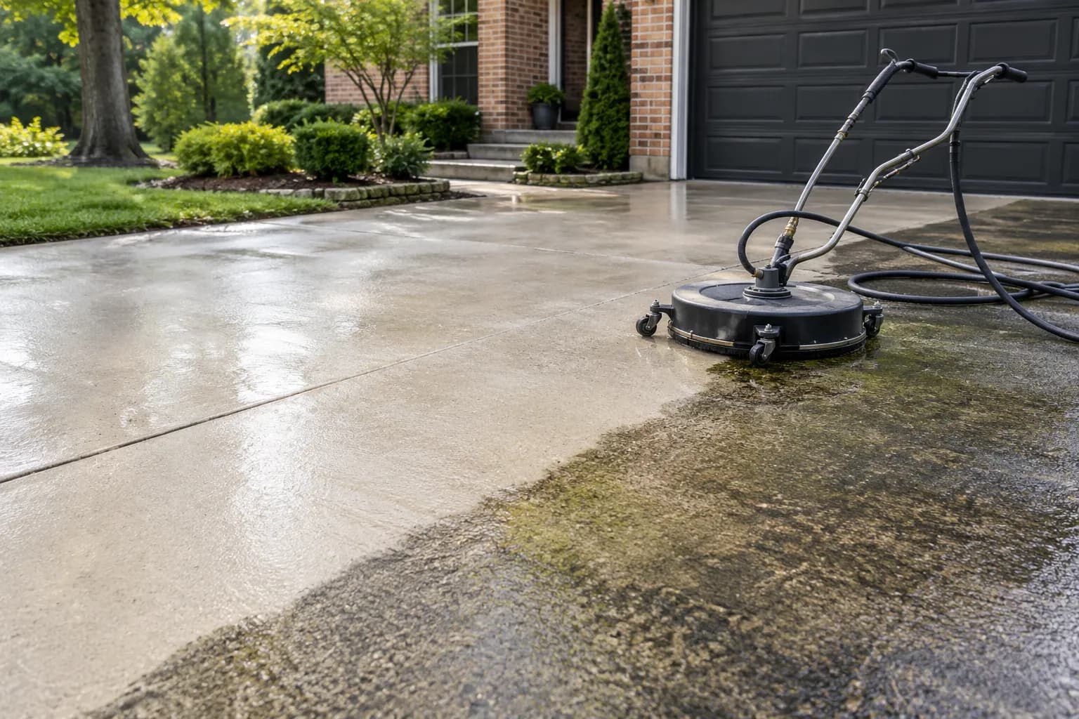 Illustrative AI-generated scene: a driveway partly cleaned with a surface washer