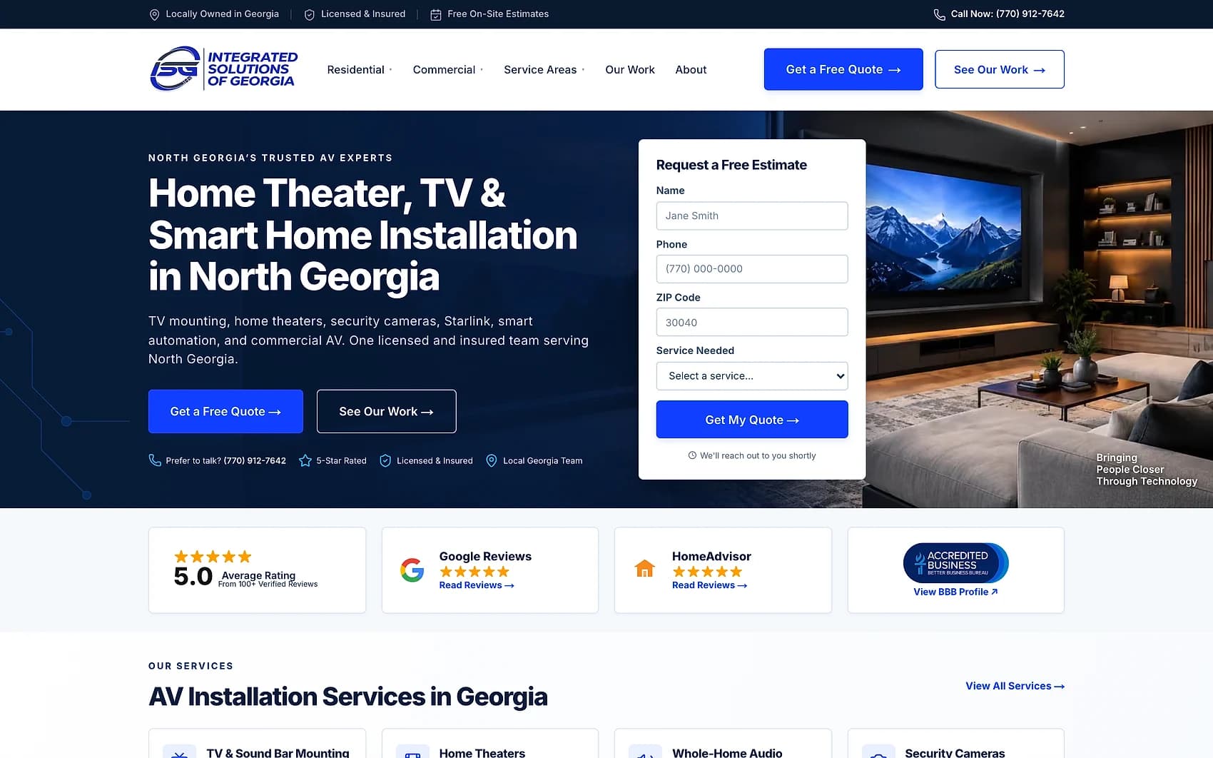 Integrated Solutions of Georgia website with AV services and a quote form