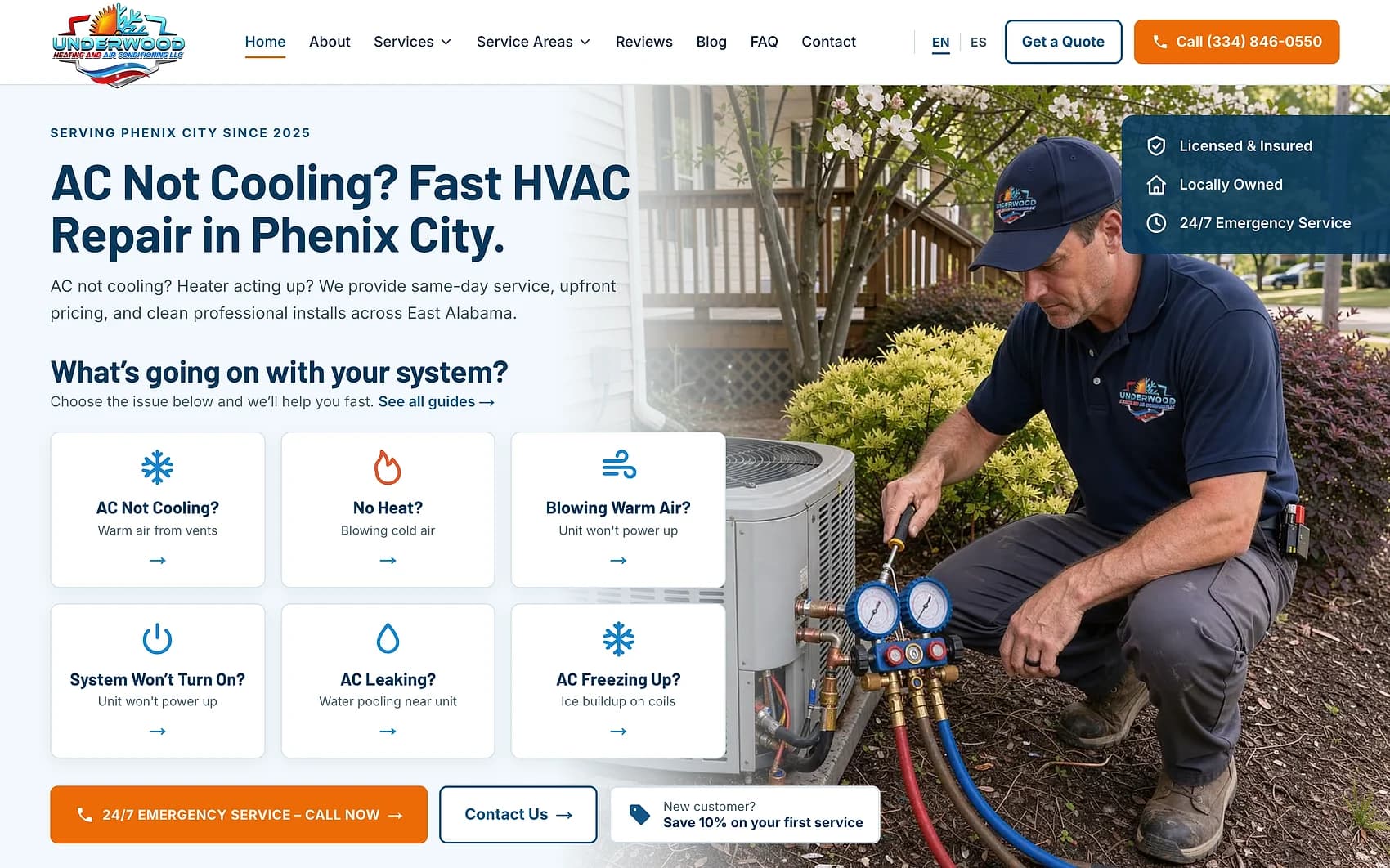 Underwood Heating & Air website with HVAC service information