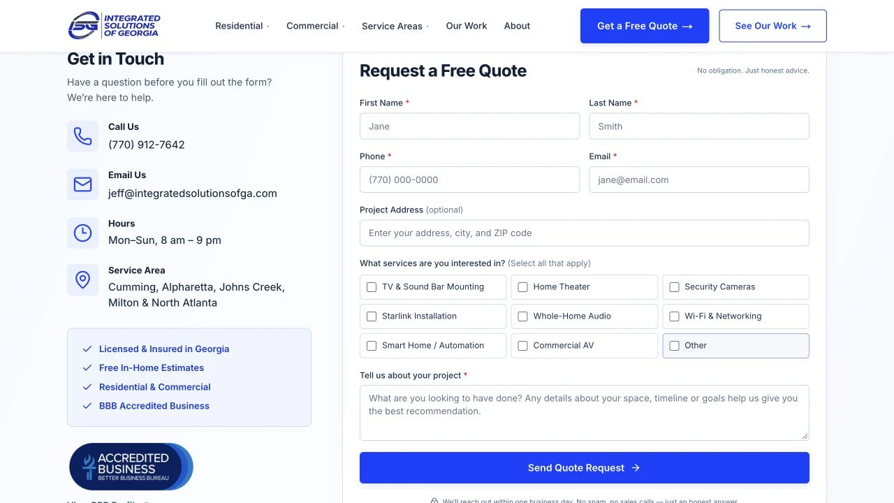 ISG quote page showing direct contact options beside a form with contact details, optional project address, service choices and a project description