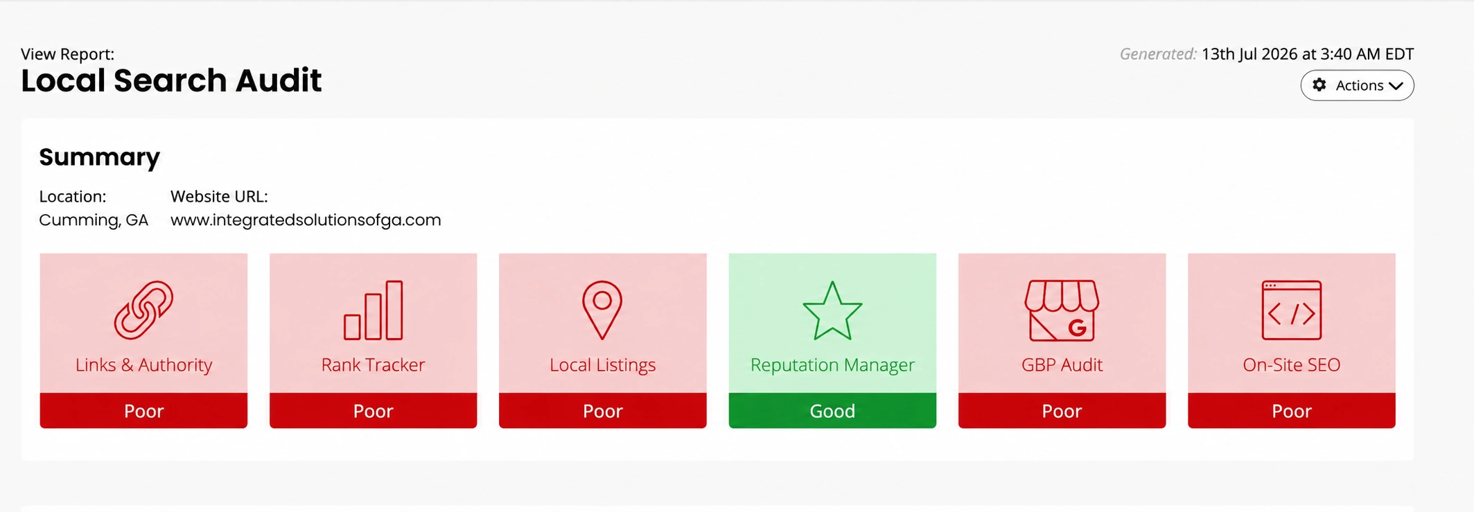 Before summary for integratedsolutionsofga.com: Links and Authority poor, Rank Tracker poor, Local Listings poor, Reputation Manager good, GBP Audit poor, On-Site SEO poor